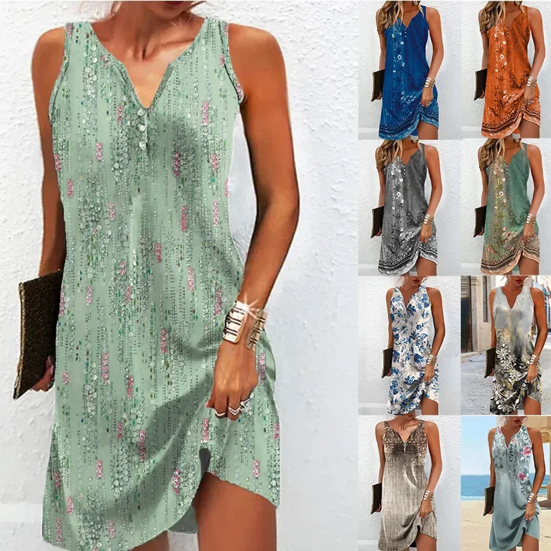 Mulheres primavera verão vestido saia com decote em v sem mangas impressão cor bainha casual moda sexy confortável vestido padrão regular