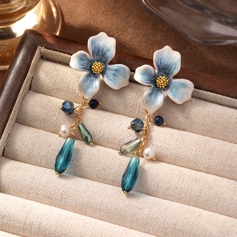 

Fashion New Chinese Style Retro Versatile Blue Tear Drop Glass Beads Tassel Stud Earrings Lily Blue Flower Long Enamel Jewelry