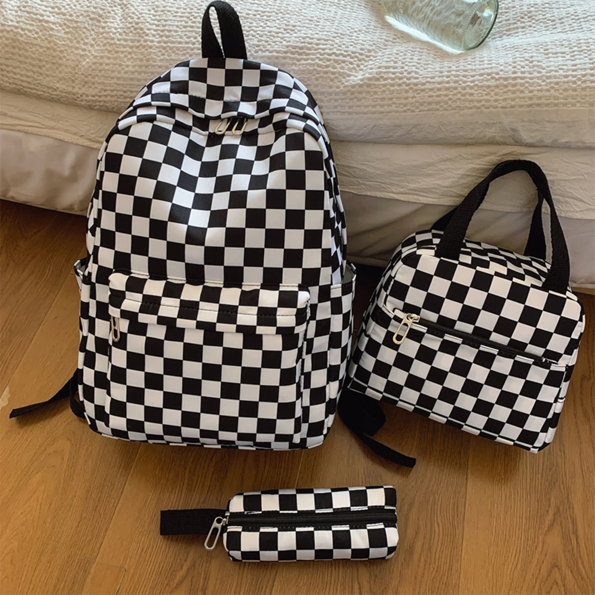 مجموعة حقيبة ظهر منقوشة عصرية مكونة من ثلاث قطع حقيبة ظهر وحقيبة يد ومقلمة وخياطة متباينة ومنظمة متعددة الجيوب لحياة الحرم الجامعي