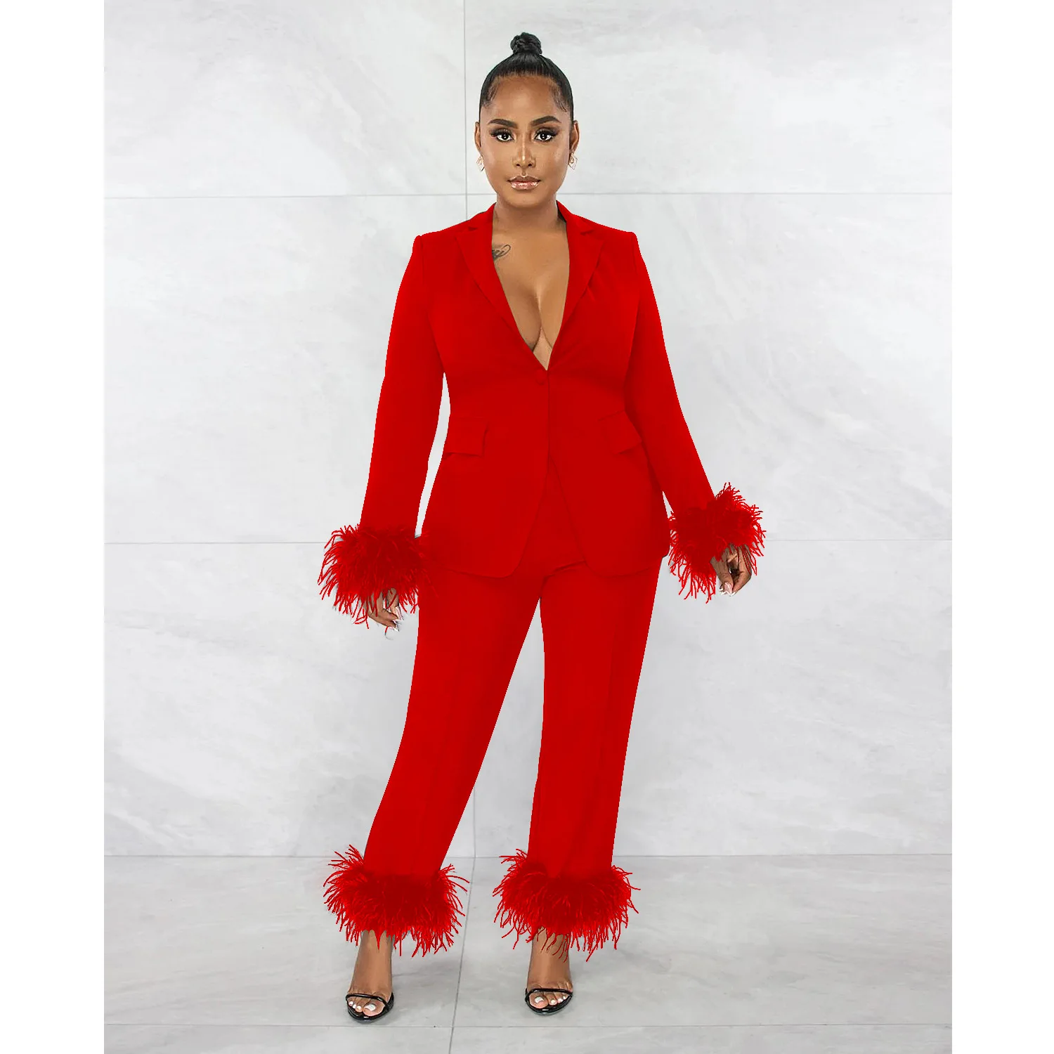 VANHAO New Arrivals Fall Outfits Women Feathers Long Sleeve V Neck Solid Blazer Set Formal Suit for Women Wholesale Dropshipping