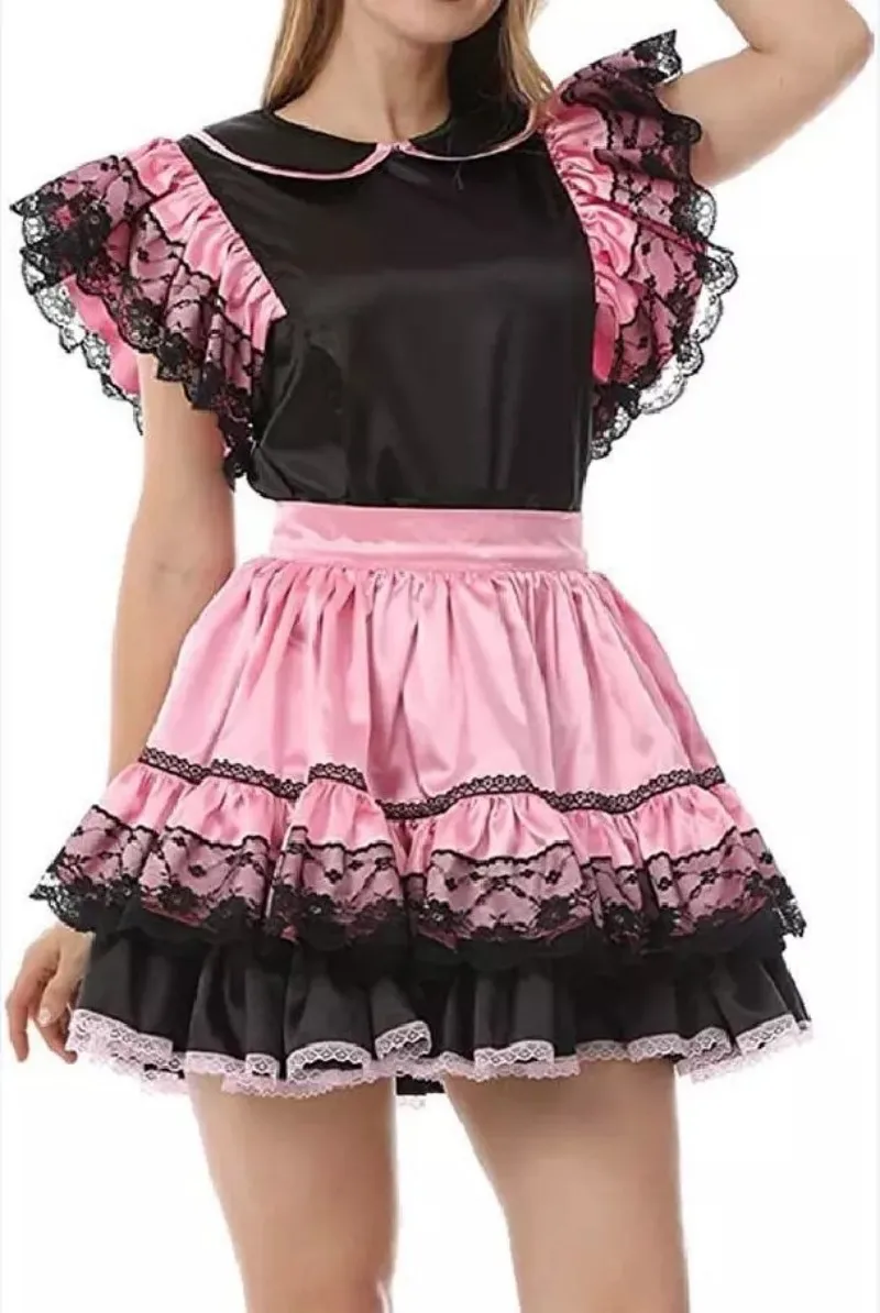 

Sissy girl black pink satin lotus leaf skirt with lace lockable dress, maid cosplay costume can be customized