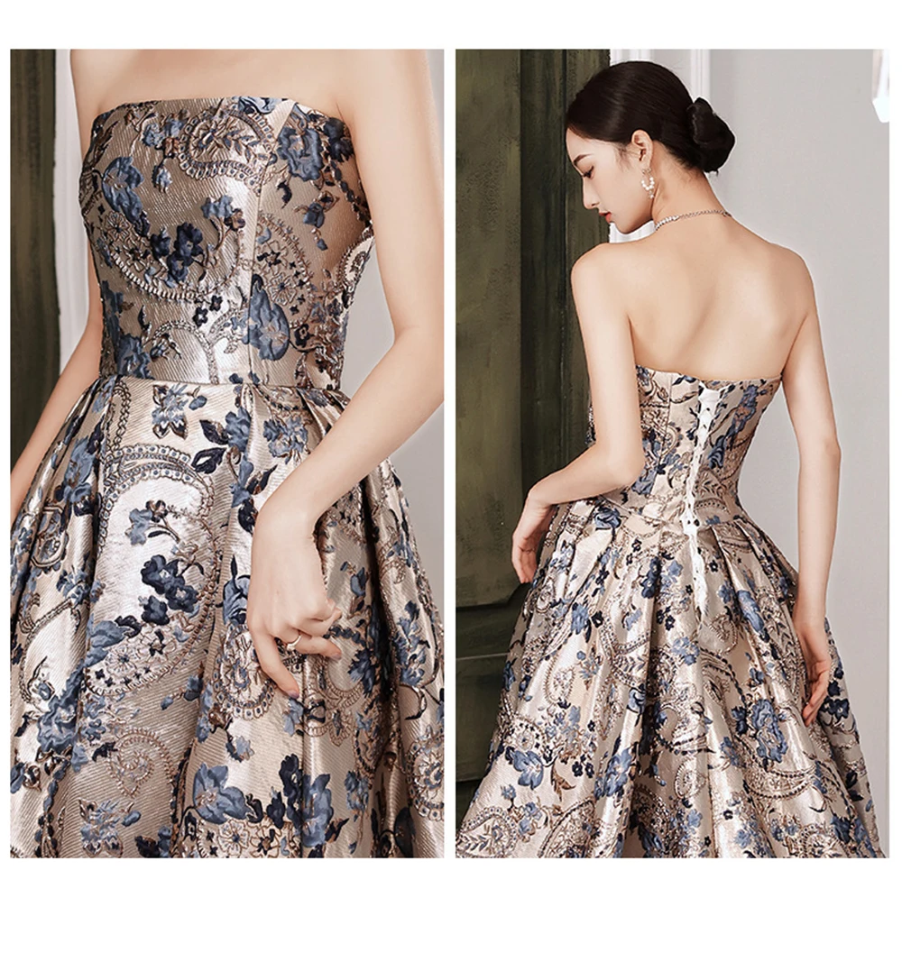 Women's Floral Print Strapless Evening Gown 2025 New Light Luxury Sequin Ball Gown Waist-Cinching A-Line Lace Up Party Dress