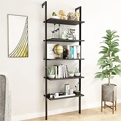 

Open Wall Mount Bookcase, Modern 5- Ladder w/Industrial Metal + Manufactured Wood Organizer, Plant Display Rack, Stand Bookshe