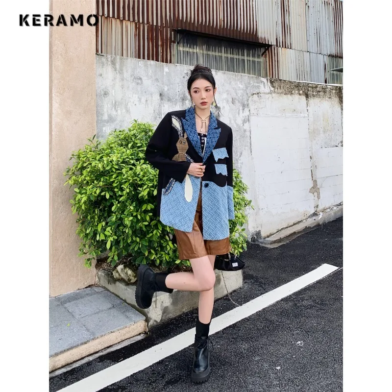 Women Harajuku Y2K Patchwork Notched Collar Long Sleeve Blazers 2023 Autumn Winter Vintage Casual Single Button Loose Suits