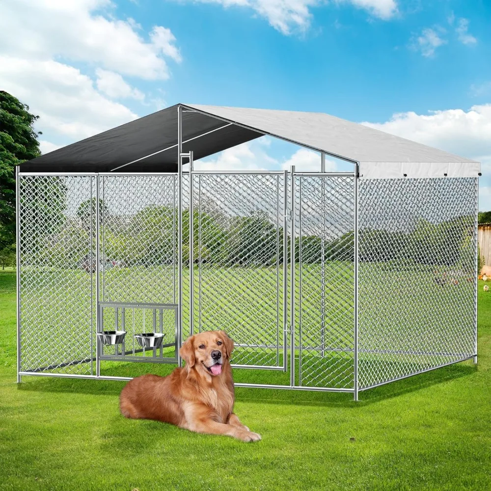 Outside Dog Kennel with Roof Heavy Duty Outdoor Dog Kennel with 2 Rotating Bowls and Updated Secure Lock Large Dog Kennel