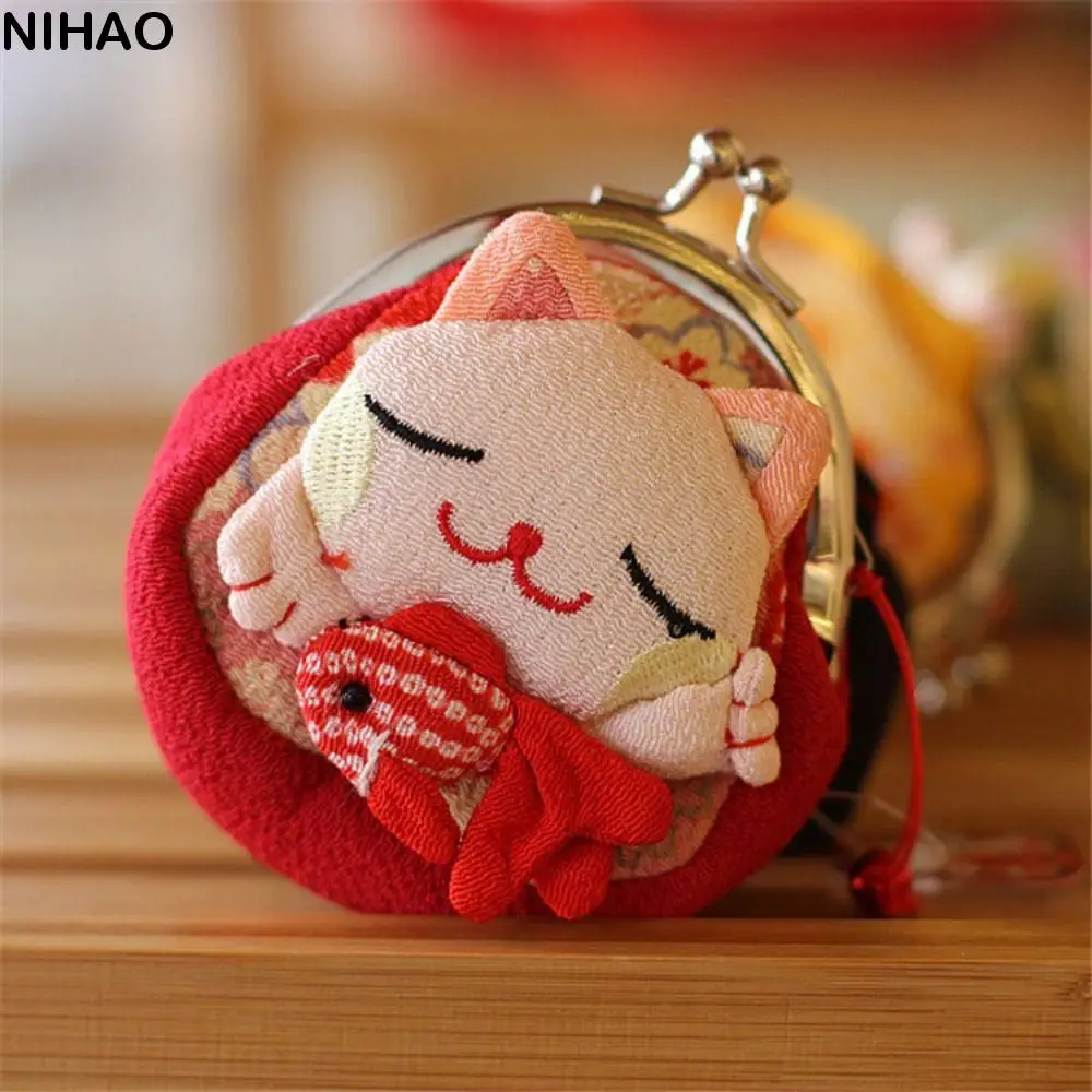 

Simple Japanese Style Maneki Neko Coin Purse Doll Flower Printing Lucky Cat Clutch Bag PU Wallets Card Holder Outdoor