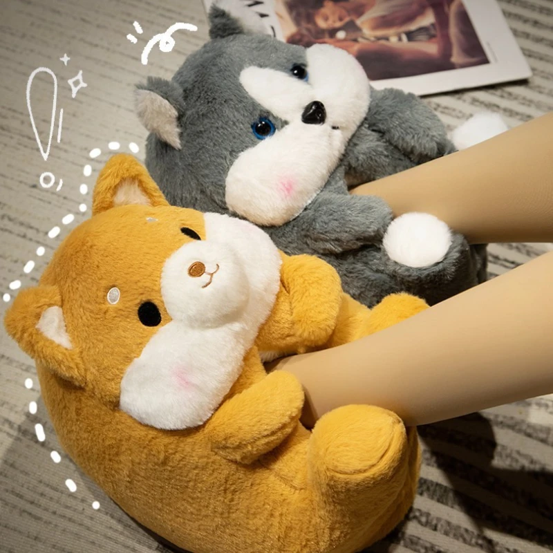 

Cute Cartoon Dog Rabbit Indoor Fluffy Slippers For Women Home Floor Warm Shoes Soft Faux Fur Female Winter Cotton Shoes