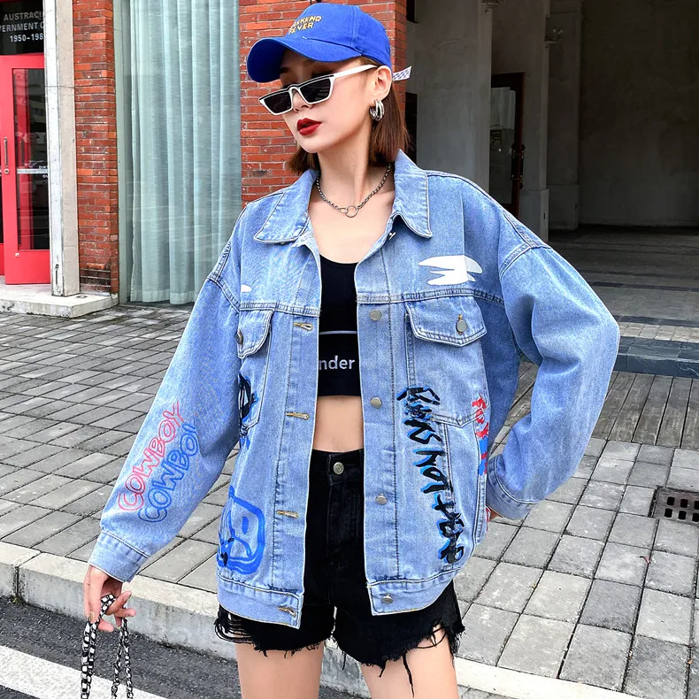 Streetwear Women Long Sleeve Graffiti Alphabet Print Jeans Jacket Female Loose Vintage Denim Coat Student Basic Oversized Coats