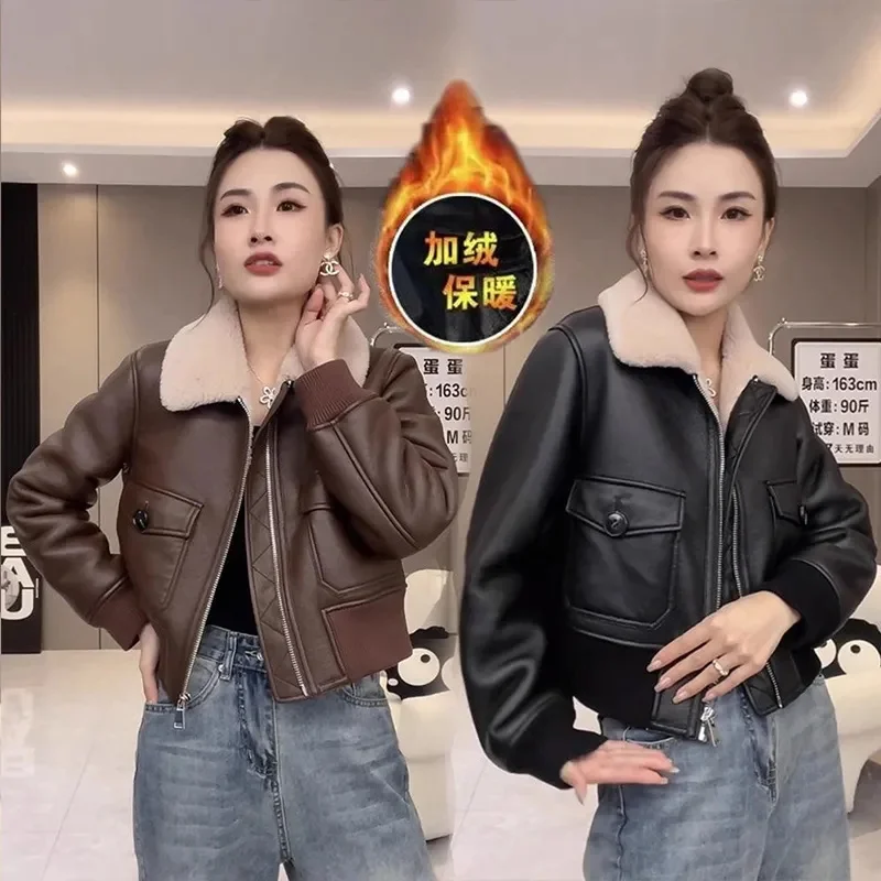 

Autumn Ladies Long Sleeves Leather Outwear 2025 Women Fashion Faux Leather Coat Korean Femme Advanced Short PU Leather Jacket