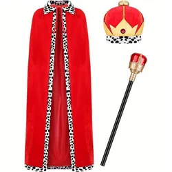Halloween Adult King Red Cloak Costume Kids King Prince Robe Crown Velvet Cape Children Birthday Party Cosplay Accessory Suit