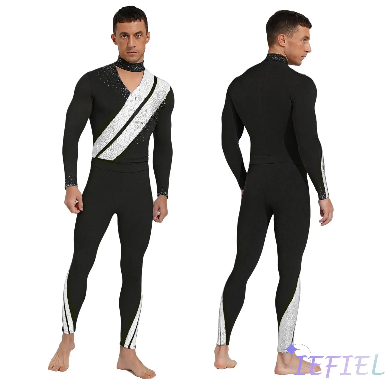 

Mens Ballet Latin Dance Performance Competition Costume Hollow V Neck Gymnastics Leotard with Dance Pants for Tango Rumba Dance