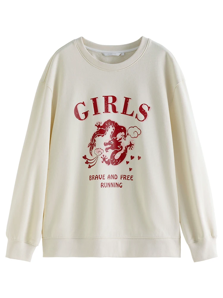 DUSHU Round Neck Casual Beige White Sweatshirts Letter Print Winter New Women Drop Sleeve Tops Fleece Lined Pullovers