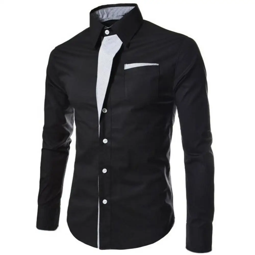 Shirt Long Sleeve Fashion Top Slim Fit Men Stand Collar Color Block Button up Top