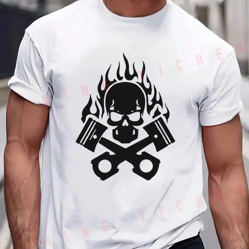 Men T-Shirt Flame Skull Engine Print Motorcycle Cotton O-neck Short Sleeve T Shirt Fashion Hip Hop Streetwear Tees