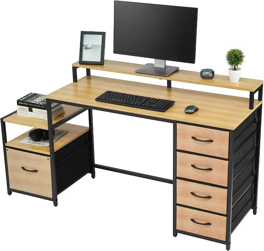 Compact Computer Desk with Storage Shelf/Cloth File Drawer for Letter Size/Monitor Stand Study Table for Home Office