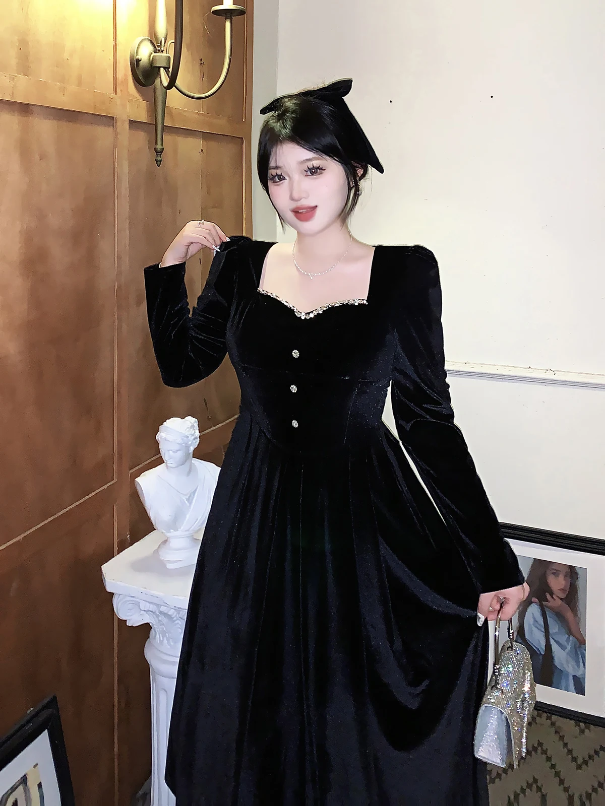 

Тяжелая бархатная женская длинная юбка больших размеров в стиле Хепберн с высокой талией и ромбовидными шипами, осенняя новинка