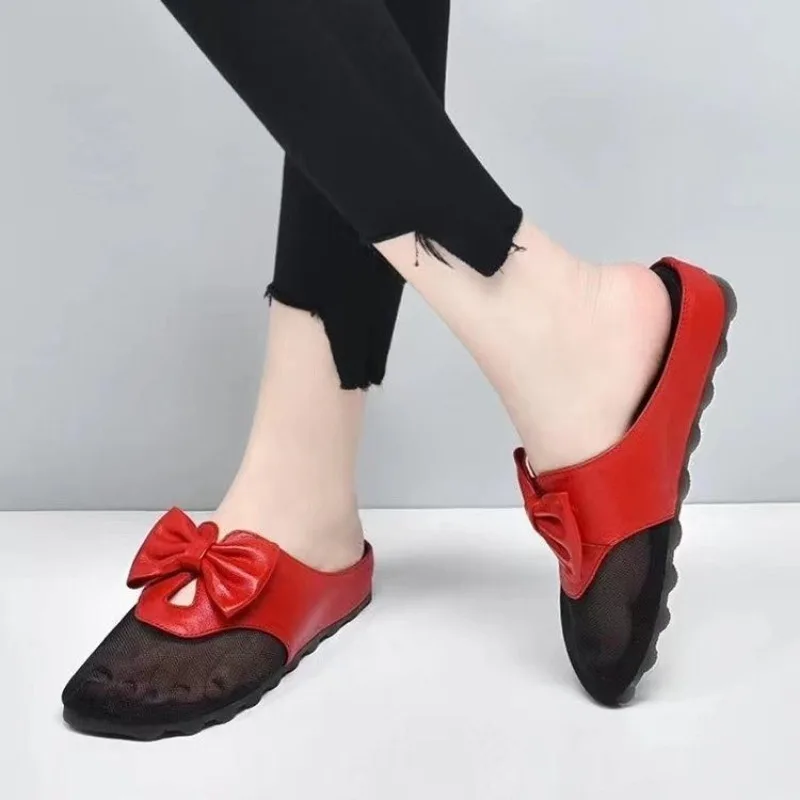 Baotou Half Slippers Women Bowknot Flat Bottom Mesh Casual Sandal Slipper Color Blocking Ladies Summer Platform Mules Slide Shoe