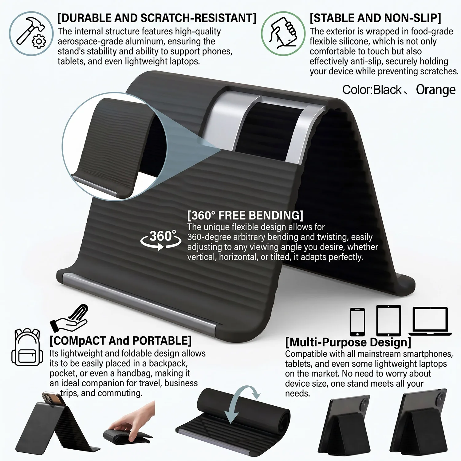 

Portable Foldable Silicone Phone Holder, Universal Flexible Silicone Aluminum Phone Holder Stand, Premium Ergonomic Adjustable A
