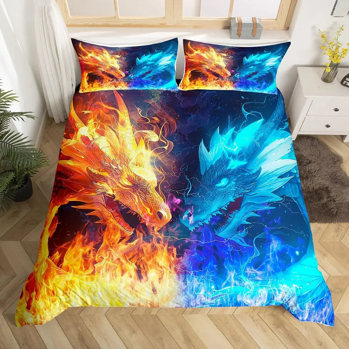 

3D Dragon Duvet Cover Snow Mountain Bedding Set,Flying Dragon Comforter Cover for Boys Girls Room Decor,Blue White Quilt Cover