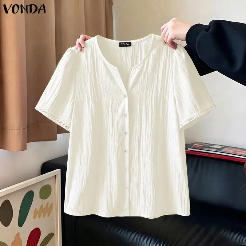 Korean Style Solid Summer Tops Women V-Neck Shirts VONDA Fashion Short Sleeve Blusas Casual Shirt Tunics