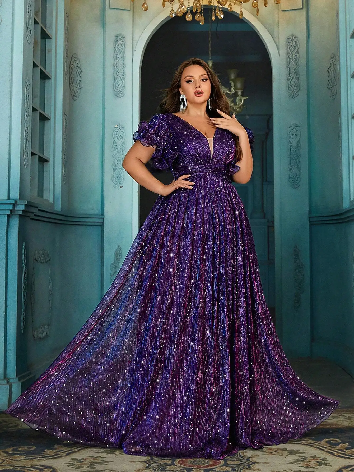 

Elegant Glitter Sequined Evening Gown With Ruffle Sleeves And Side Slit Mermaid Tail