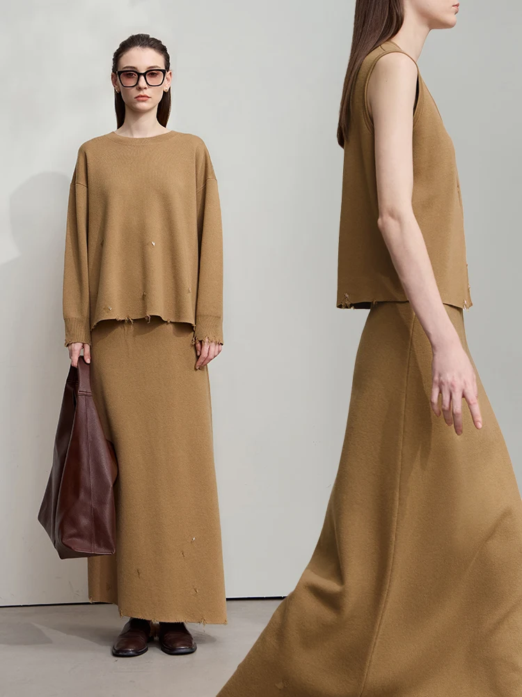 Amii vestidos minimalistas para mulher 2025 outono nova sólida malha o pescoço solto médio e longo camisola roupas femininas 1255tm4006