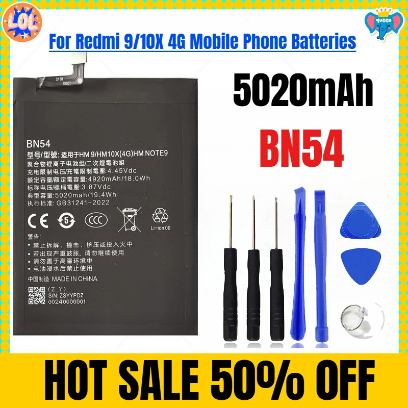 

5020mAh BN54 for Redmi 9/10X 4G Mobile Phone Batteries Free Tools