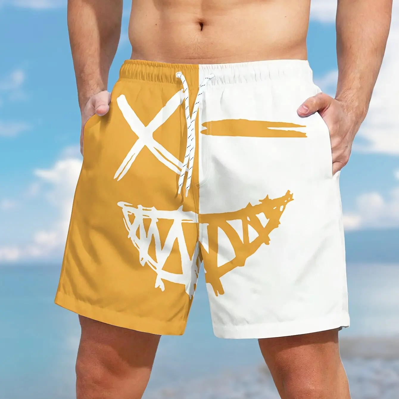 Men\'s Color Matching Smiling Face Graphic Print Shorts With Pockets Casual Drawstring Shorts For Beach Summer Swimming Surfing