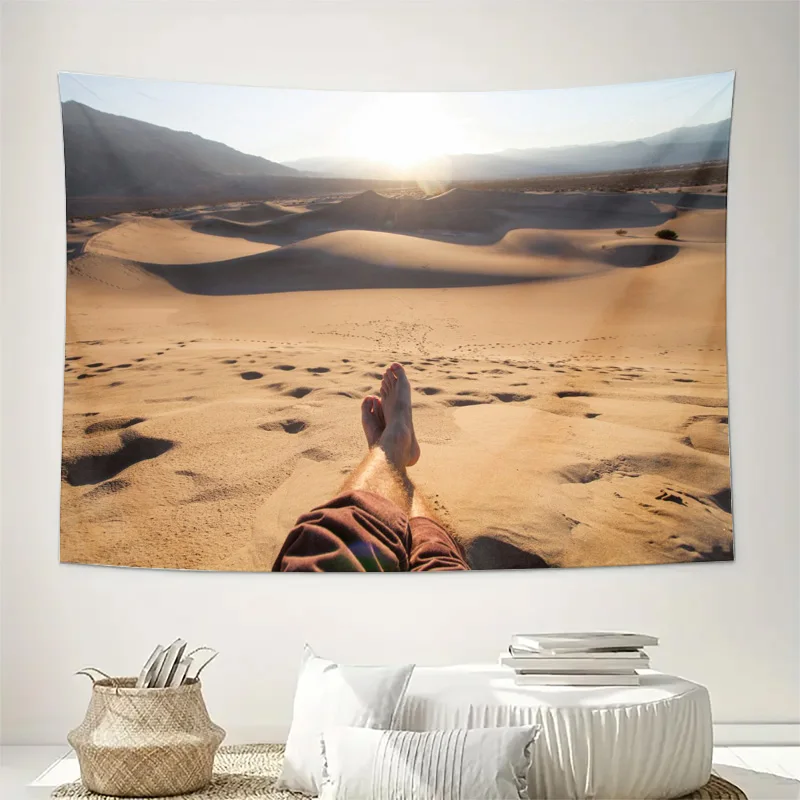 Bohemian Desert Tapestry Wall Hanging Sand Dunes Footprints Landscape Art Print Minimalist Boho Decor Poster for Living Room Bed