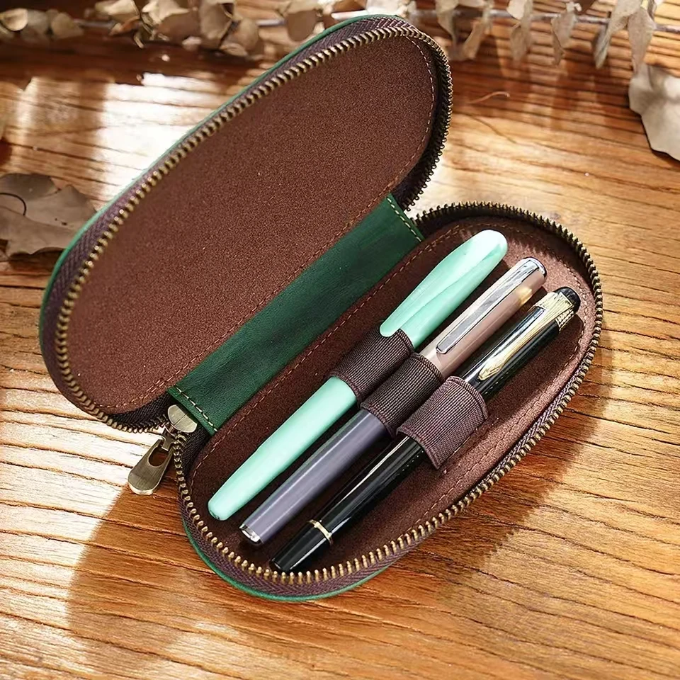 

Genuine Leather 3 Slots Pen Holder Case, Zipper Fountain Pencil Bag Retro Organizer Pouch for School Office Writing Stationery