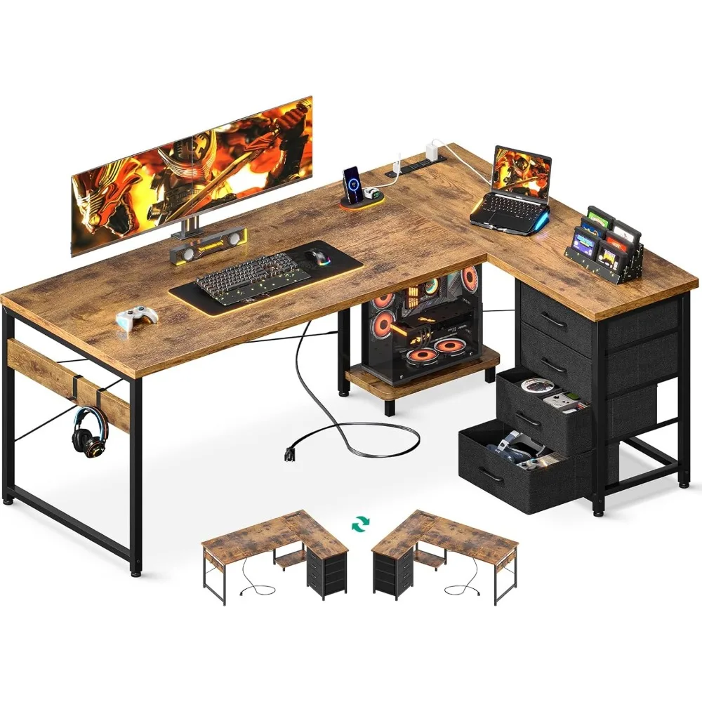 

61'' L Shaped Desk with 4 Drawers, Reversible Corner Desk with Storage, Gaming Table with Power Outlets, USB Ports, PC Case She