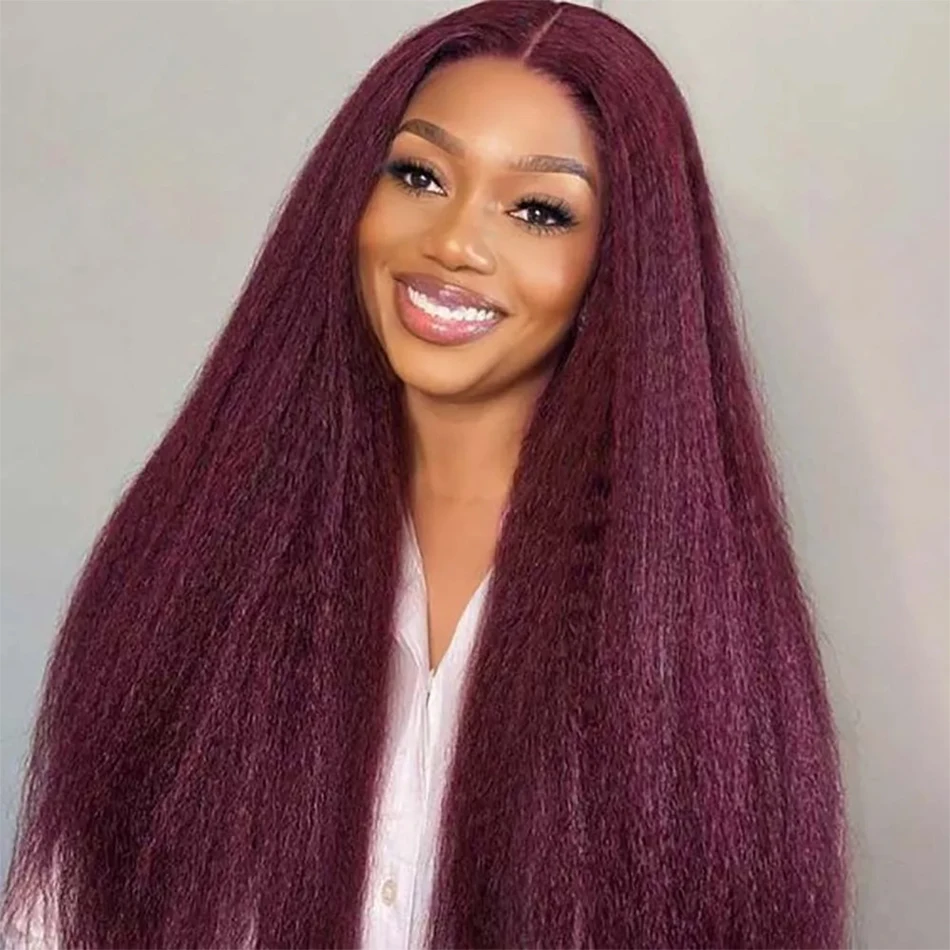 

34 Inch 99j Burgundy HD Transparent kinky Straight 13x6 13x4 Lace Frontal Wig 200% Pre plucked Brazilian Lace Front Human Hair