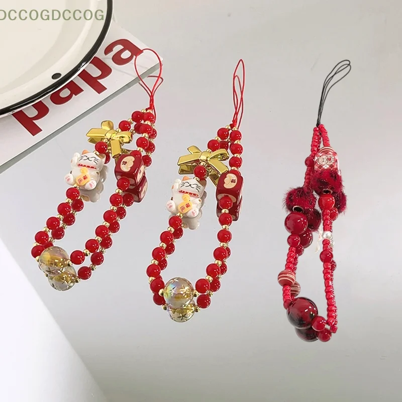 

For Girls Mobile Phone Chain Handmade Beads Cellphone Strap Keyring Camera Pendant New Year Red Beaded Phone Lanyard Wristband