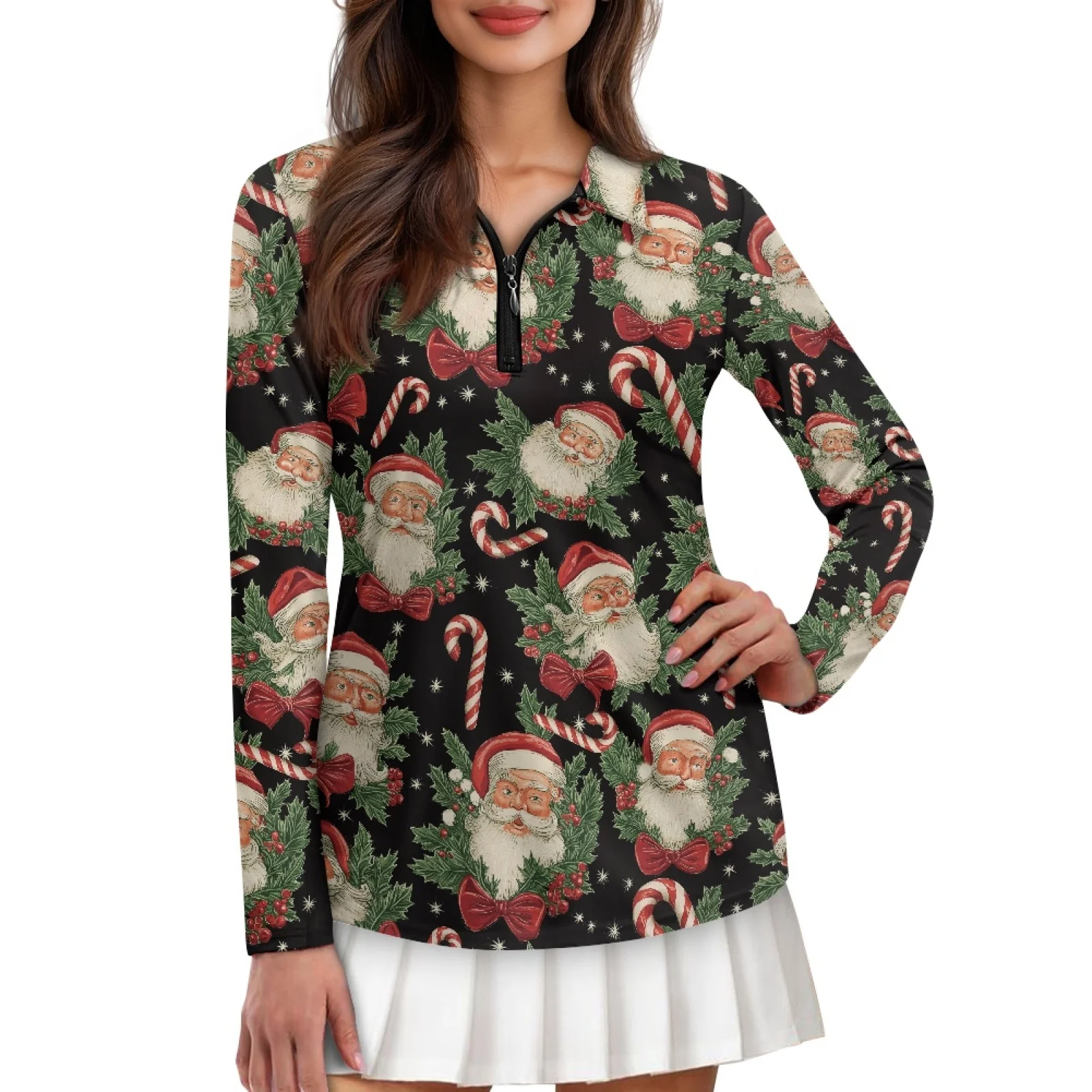 PENSTROLL Vintage Santa Candy Womens Machine Washable Golf Pullover Stretchy Polos Shirts for Women for Hiking
