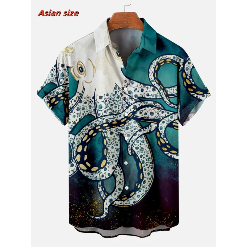 Cool Marine Animals Pattern Hawaiian Shirt For Men Shark Tentacles 3D Printed Short Sleeves Casual Lapel Aloha Shirts Blouses