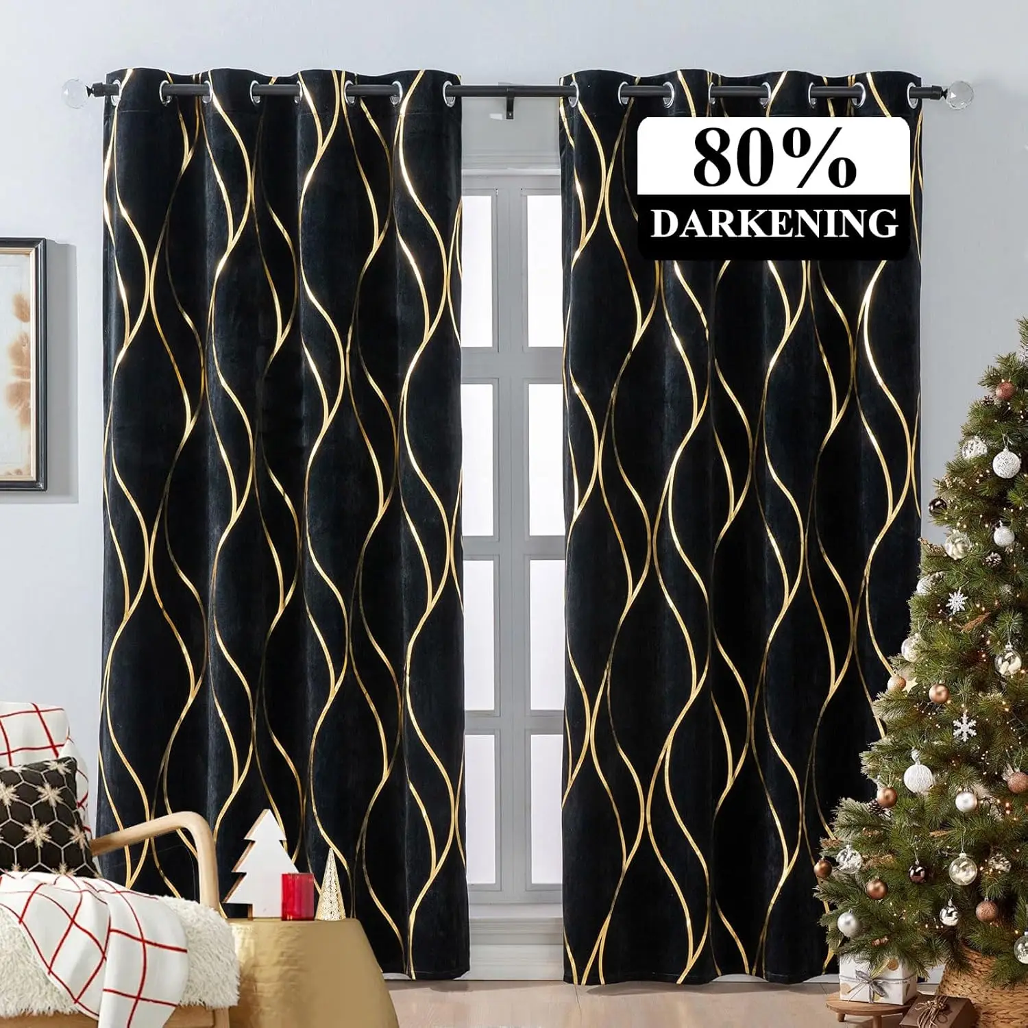 

L.Z.E Black Gold Blackout Curtains For Bedroom, Heavy Duty Velvet Curtains 63 Inch Length 2 Panels Set, 80% Room Darkening