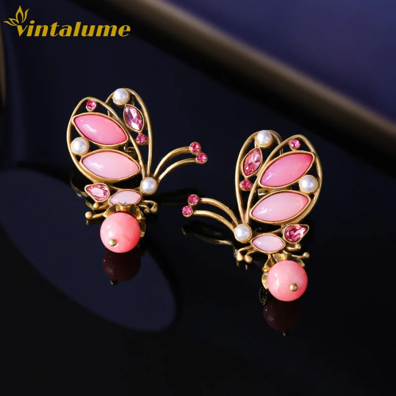 

Винтажные серьги-бабочки розового цвета с позолотой, эмалью, жемчугом и кристаллами, роскошные, эффектные, для вечеринок, подарок, ювелирные изделия Vintalume