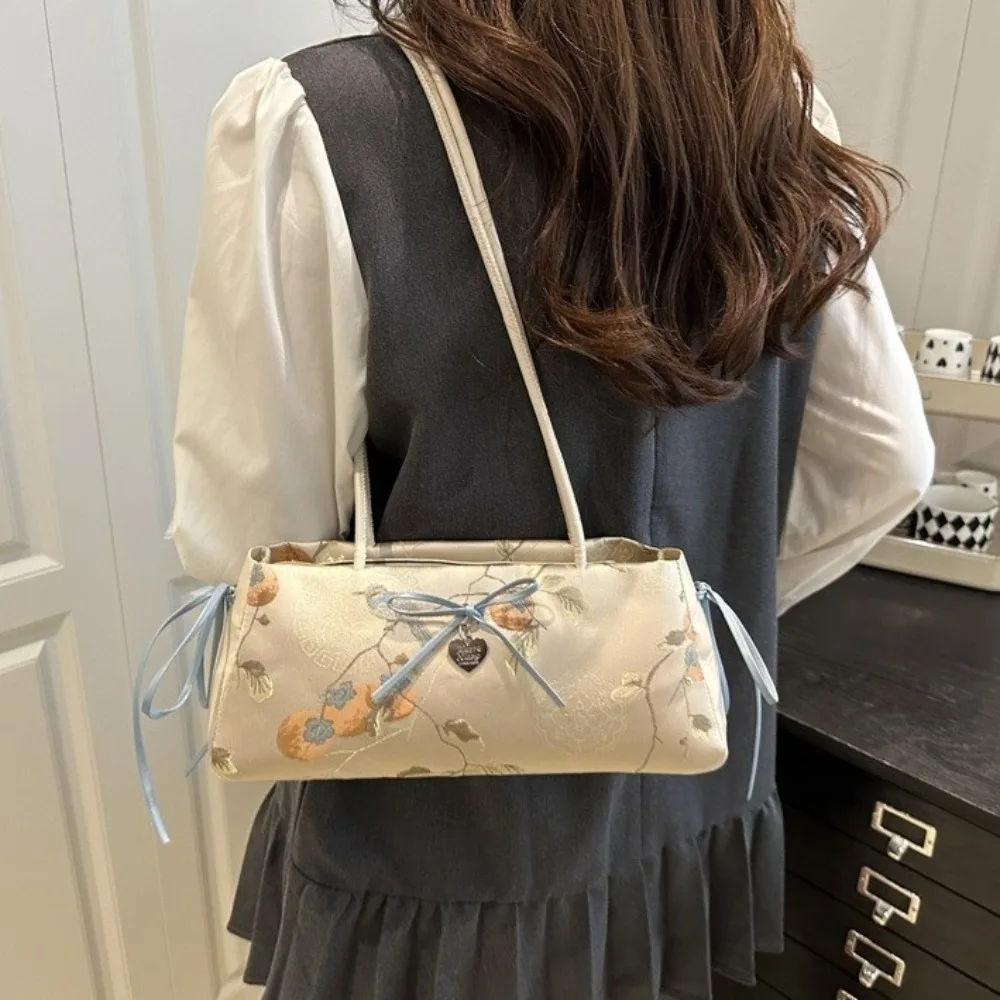 

Sweet Flower French Stick Handbag Chinese Style Cloth Bow Shoulder Bag Ribbon Texture Underarm Bags Girls