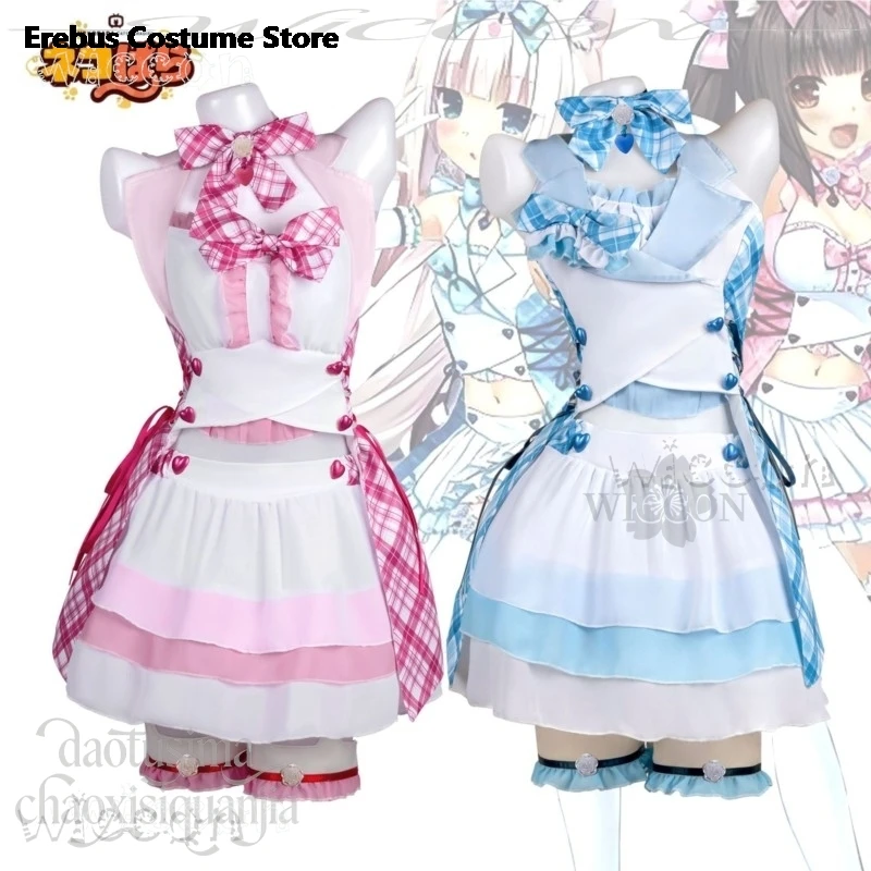 

Galgame NEKOPARA Cosplay Chocola Vanilla Idol Stage Uniform Pink Blue Kawaii Sleeveless Vest Mini Dress Furry Tail Halloween