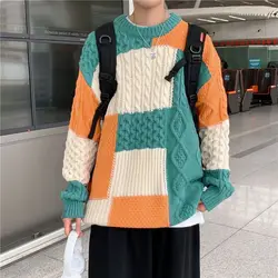 American Retro Patchwork Pullovers Knitted Autumn Winter O-Neck Men's Clothing Casual Loose Fashion Contrasting Colors Sweaters