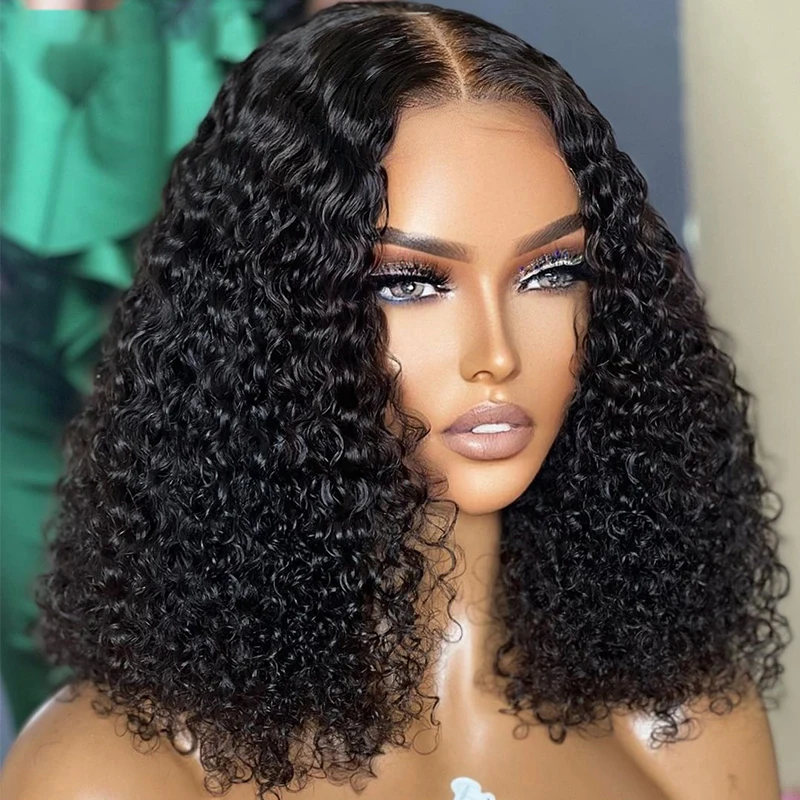 

Glueless 180 Density 14 inch Soft Natural Black Short Cut Bob Kinky Curly Machine Wigs For Black Women Daily Cosplay Deep Part