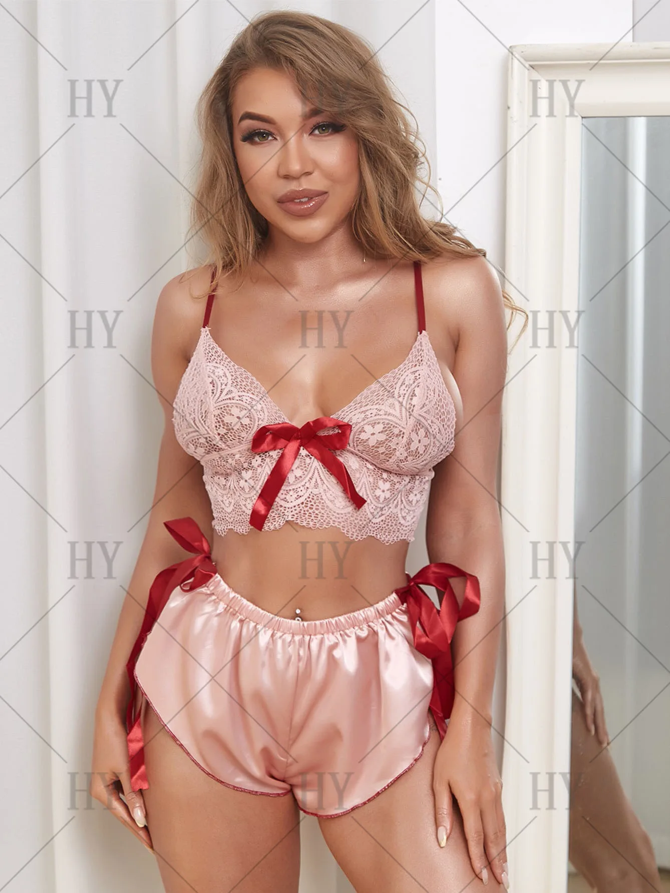 New Sexy V Neck Lace Shorts Set Satin V Neck Bowknot Sweet Cute Romantic Passion Elegant Gentle Soft Sling Sheer Charm Top F83W