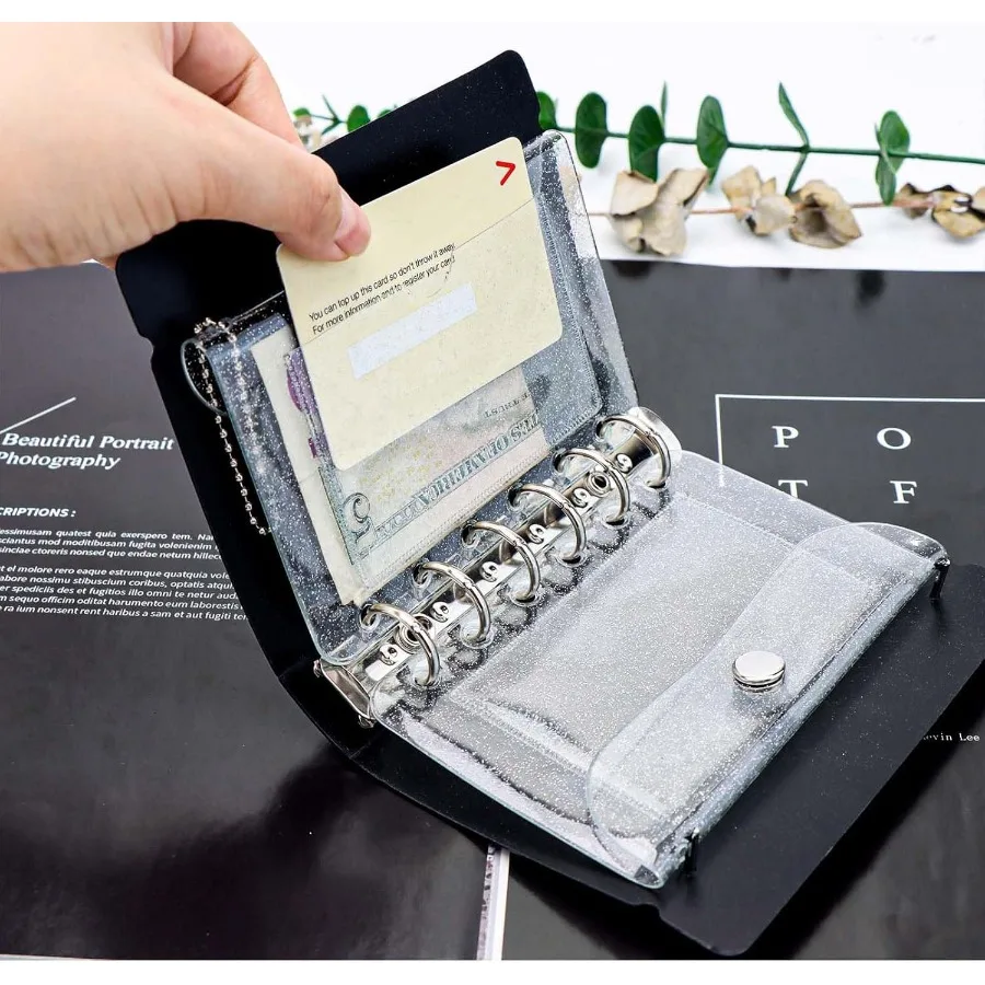 A7バインダーポケット3個 クリアコインパース 6穴バインダーポーチ スプリットクロージャー クリアグリッターウォレット カードホルダー キーチェーンポーチ オーガナイザー