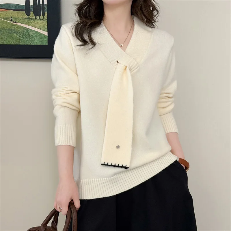 

XXXXL Fashion Plus Size Woman Clothing Sweater Spring 2026 V-neck Wear Bow Tie Long Sleeve Simple Knitted Soft Pullover 1416
