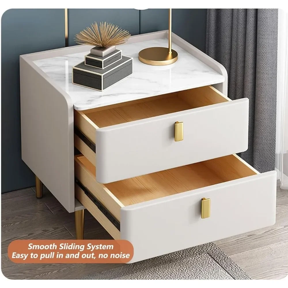 منضدة حديثة من منتصف القرن مع سطح حجري أبيض ومقابض معدنية، وطاولة بجانب السرير بدرجين #4