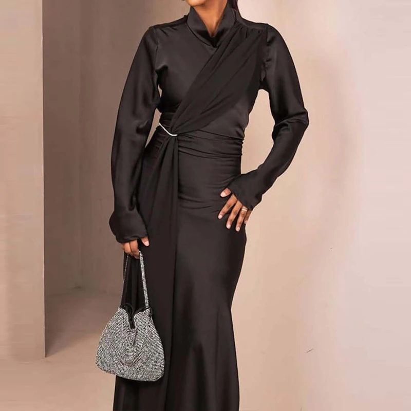 

Sexy High Waisted Solid Color Vestidos Robe Luxury Long Sleeve O Neck Draped Evening Dress Temperament Slim Patchwork Long Dress
