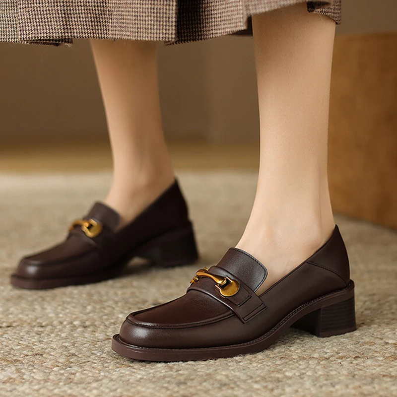 JOZHAMTA Size 33-43 Women Loafers Pumps Casual Real Leather Chunky Mid Heels Shoes Fashion Chain Vintage Brown Office Dress Shoe