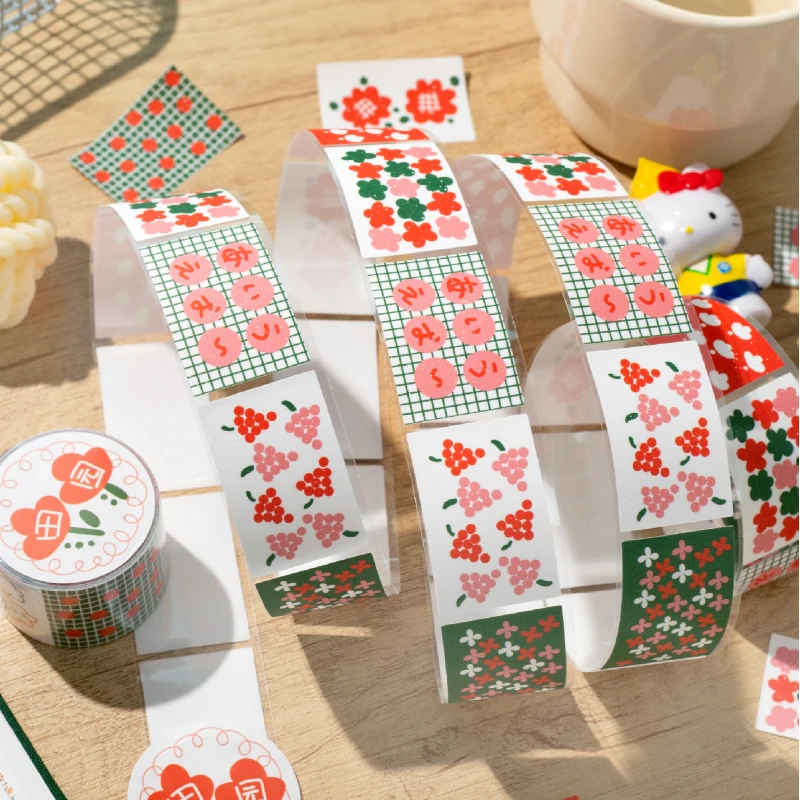 Kawaii Floral Print Label Sticker Tape Creative Collage Handmade Journal DIY Diary Album Scrapbook Aesthetic Stickers