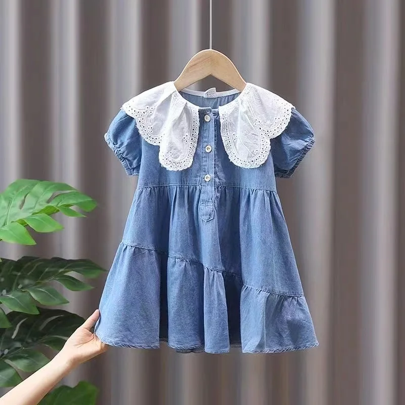 

Girl's Dress Summer Fashionable 2024 New Summer Dress Girl Baby Lace Neck Short Sleeve Summer Denim Skirt Kids Clothing 1 3 5 7Y