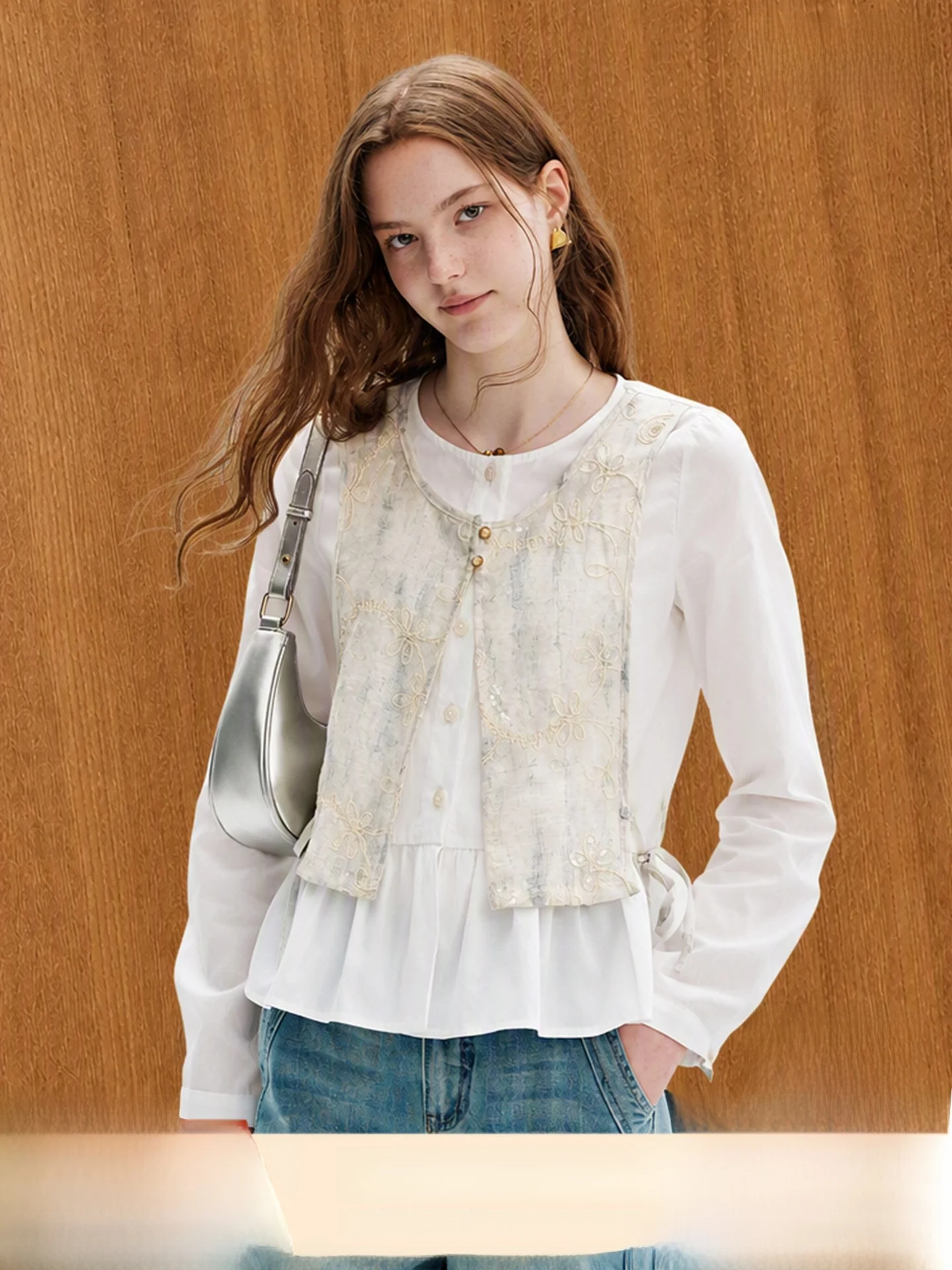 Lace Trimmed Long Sleeve Shirt Korean Style Commute Wind Youthful Embroidered Patchwork Two-Piece Effect Feminine Top